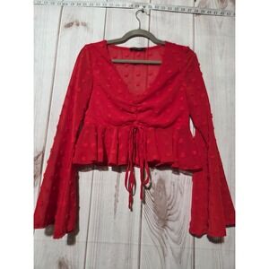 Double Crazy Red Swiss Dot Bell Sleeve Crop Top Sheer Blouse S Scarlet Night